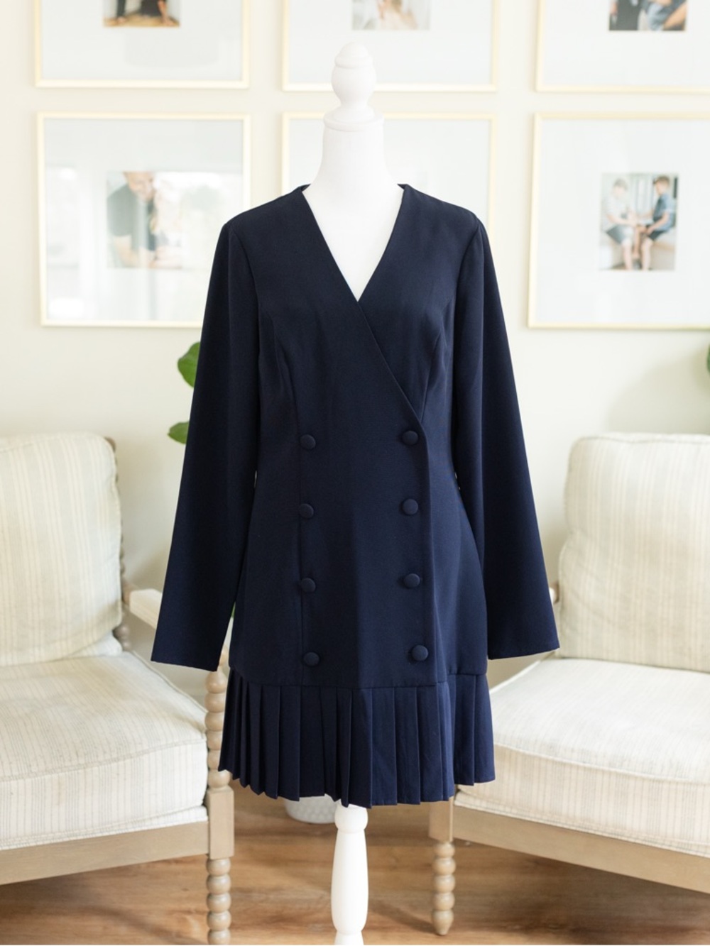 City Studios Navy Double-Breasted Pleated Hem Dress